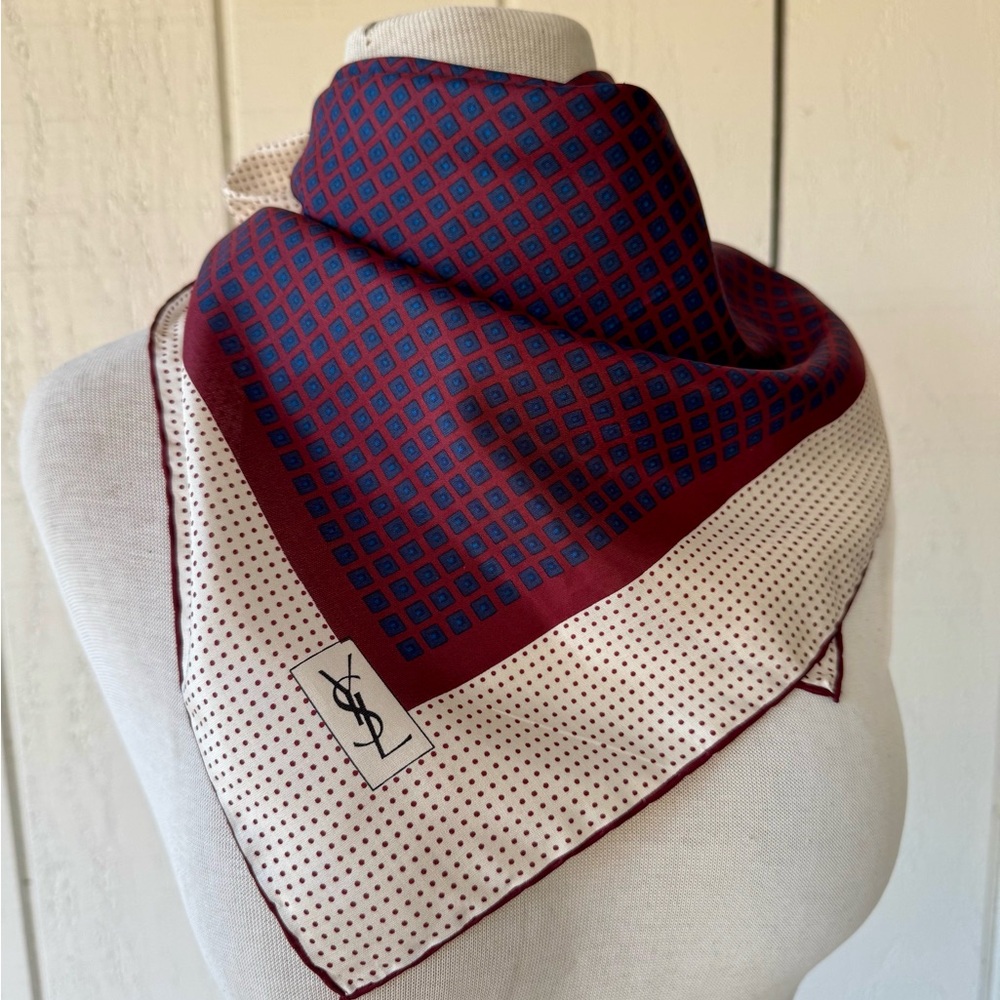 Vtg 80s YSL Red Print Silk Scarf Logo Deadstock 27” Yves Saint Laurent NWT